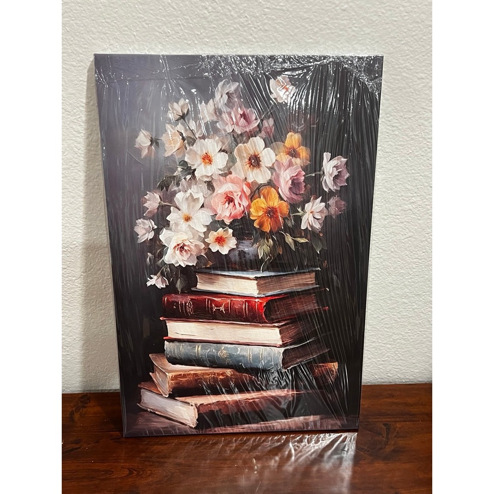 Framed Vintage Floral Wall Art Moody Flowers Books Art Painting Dark Wildflowers